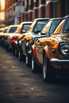 A row of parked cars on a city street. Suitable for transportation, urban life, and parking-related concepts