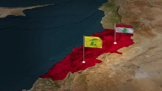 lebanon and Hezbollah map and flying flag