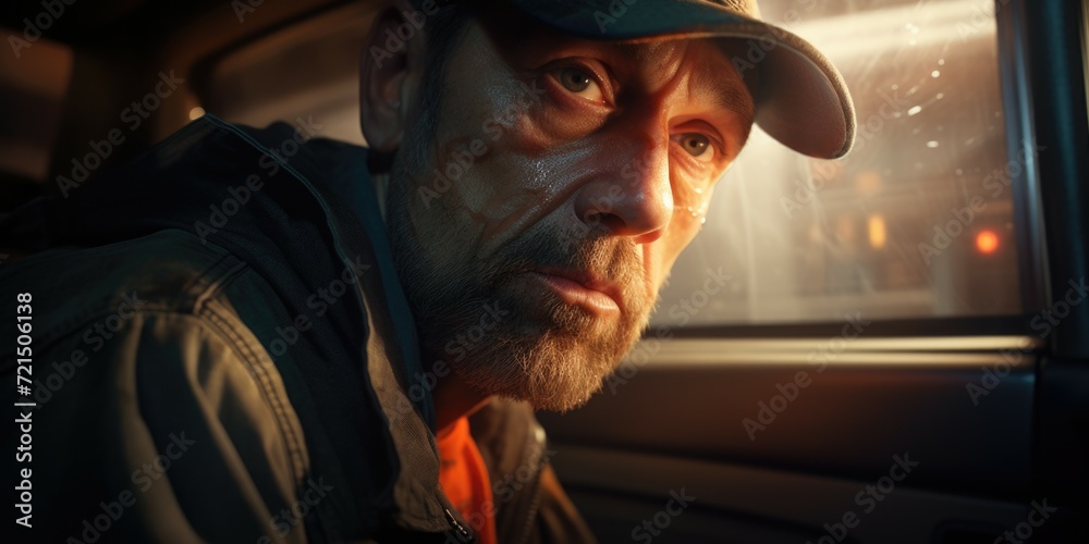 Poster A man wearing a hat looking out a window. Suitable for various themes and concepts