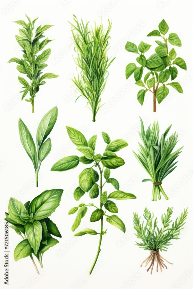 Poster A diverse collection of various types of herbs. Perfect for adding flavor and freshness to culinary dishes or for creating natural remedies.