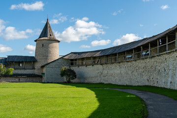 Pskov, Russia, September 6, 2024. The fortress wall and one of the Kremlin towers.