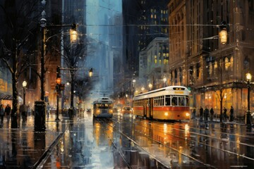 A painting of a city street illuminated by streetlights at night. Suitable for urban-themed projects or as a decorative piece in modern interiors