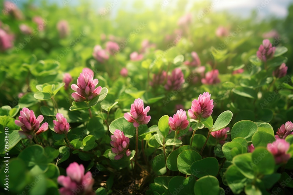 Poster a beautiful field of pink flowers with vibrant green leaves. perfect for adding a touch of nature to