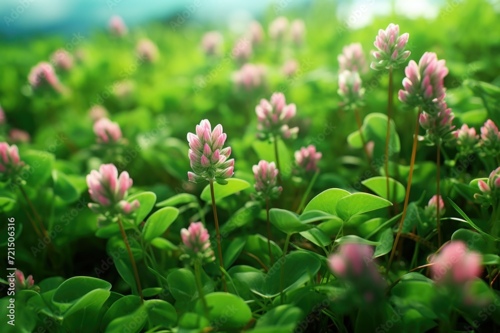 Aufkleber A field of pink flowers with vibrant green leaves. Ideal for adding a touch of color and nature to any project