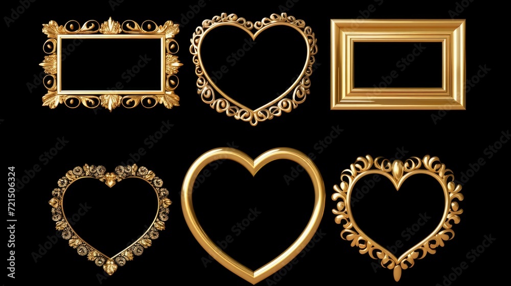 Poster a set of four gold frames featuring heart designs. perfect for adding a touch of elegance to any pho