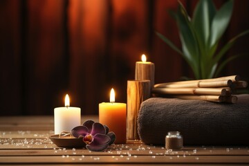 Candles and towels arranged on a wooden table. Perfect for creating a cozy and relaxing atmosphere. Suitable for spa, wellness, or home decor themes