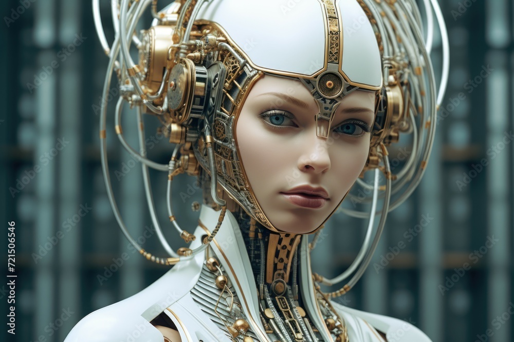 Poster close-up of a person wearing a robot headdress. suitable for futuristic or technology-themed project