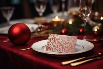 A place setting with a red table cloth. Can be used for various dining and event themes