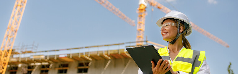Professional female engineer in protective helmet making notes on construction site