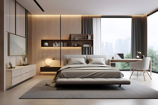 modern bedroom with a sleek built-in desk for work