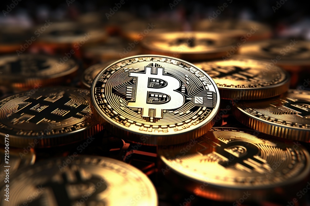 Poster a pile of bitcoins stacked on top of each other. perfect for illustrating the concept of cryptocurre