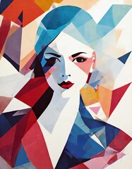 Facets of Elegance: Geometric Cubist Portrait of a French Marianne in Vivid Hues and Negative Space