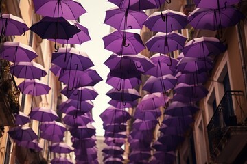 Many purple umbrellas hanging from the ceiling of a building. Can be used to depict a colorful and unique interior design