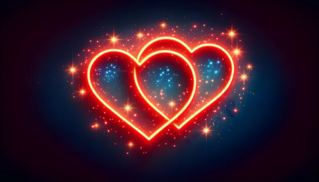 This image presents two intertwined neon hearts emitting a red and blue glow against a dark blue background, with a scattering of sparkling stars around them.