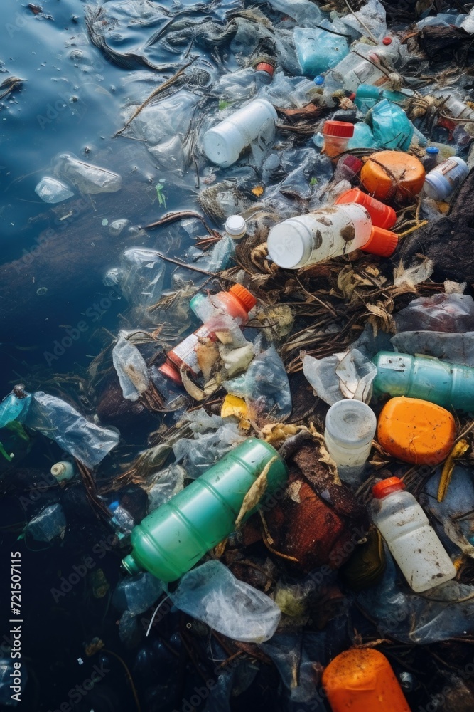 Poster a river filled with lots of plastic bottles and trash. suitable for environmental awareness campaign