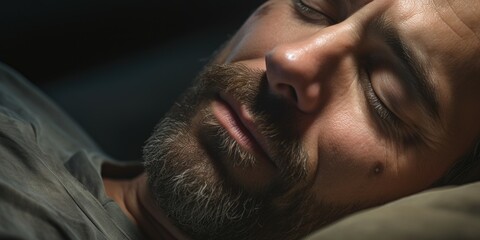 A close-up view of a man peacefully sleeping with his eyes closed. Suitable for various sleep-related themes and concepts - obrazy, fototapety, plakaty