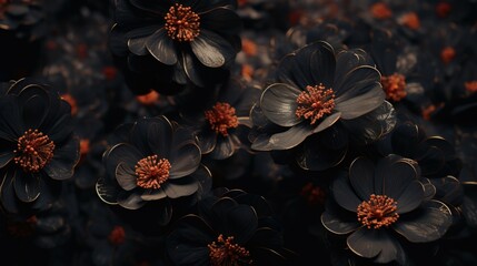 Fototapeta na wymiar A bunch of black flowers with orange centers. Perfect for adding an edgy and unique touch to any project