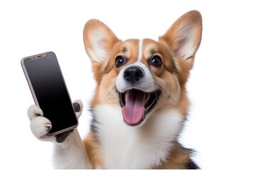 An excited Corgi holding a smartphone in its paws, showcasing a humorous take on technology and pets.