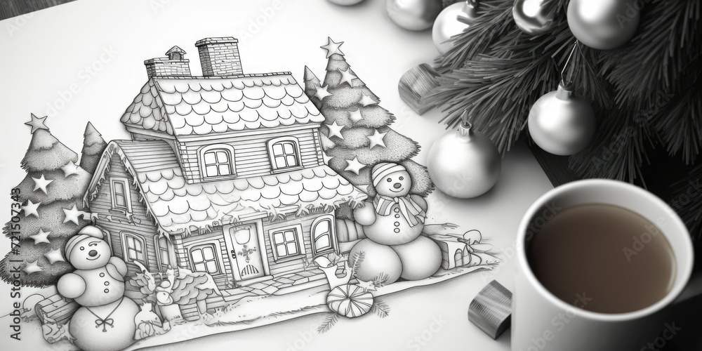 Poster a charming drawing depicting a house adorned with festive christmas decorations and surrounded by ch