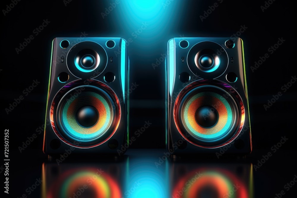 Poster a pair of speakers sitting on top of a table. ideal for music and audio-related projects