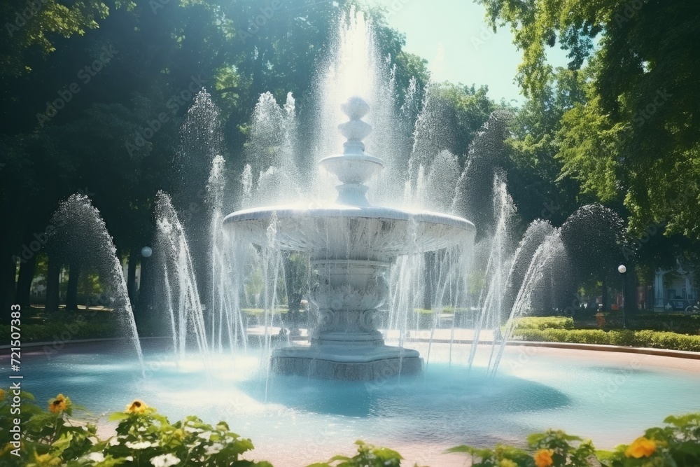 Poster a picture of a fountain in a park with water spouting from it. can be used for various outdoor and n