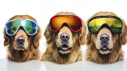 Three adorable golden retrievers wearing goggles are sitting on a table. Perfect for pet lovers and outdoor enthusiasts