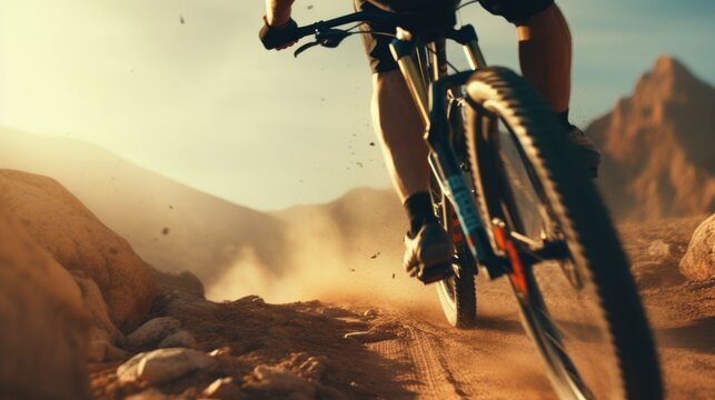 A person is seen riding a bike on a dirt road. This image can be used to depict outdoor activities and leisurely pursuits