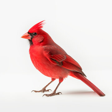 A detailed High quality, portrait image of a red bird placed on a white background,
