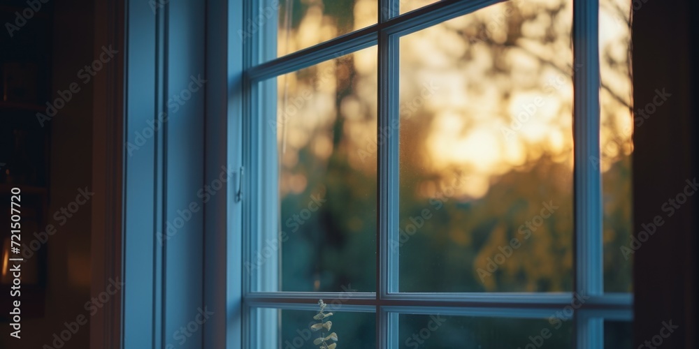 Aufkleber A close-up view of a window with the sun setting in the background. Perfect for adding a warm and nostalgic touch to any design or project