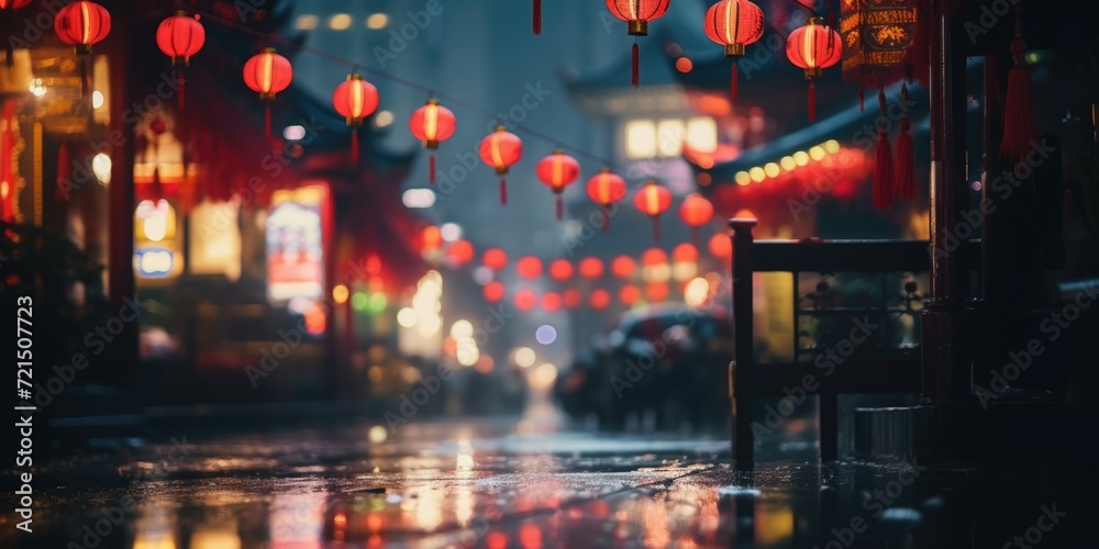 Poster a picture of a wet street with red lanterns hanging from the ceiling. this image can be used to depi
