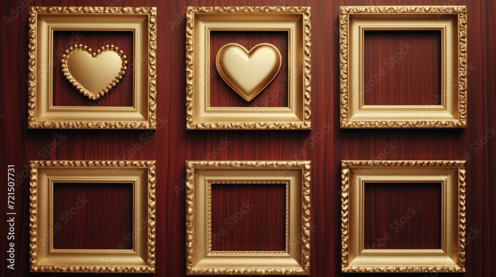 Poster a collection of four gold frames, each containing a heart. perfect for adding a touch of elegance to