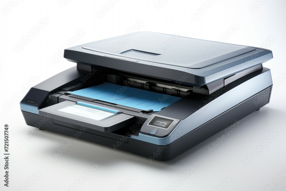 Poster a printer placed on top of a table. suitable for office or home use