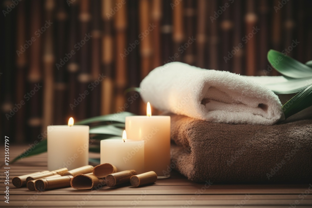 Aufkleber A simple yet elegant arrangement of towels, candles, and bamboo sticks on a table. Perfect for adding a touch of relaxation and tranquility to any space