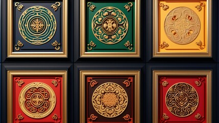 Four framed pictures featuring intricate ornate designs. Perfect for adding a touch of elegance to any room.