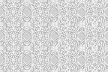 Embossed artistic white background, vintage cover design. Handmade, boho, doodle, zentagle. Geometric ethnic 3D pattern. Ornaments, arabesques. Exotic of the East, Asia, India, Mexico, Aztec, Peru.