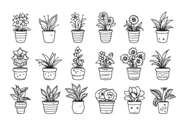 vector set of doodle houseplants and garden tools - obrazy, fototapety, plakaty