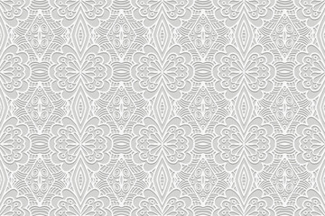 Embossed stylish white background, vintage cover design. Handmade, boho, doodle, zentagle. Geometric ethnic 3D pattern. Ornaments, arabesques. Exotic of the East, Asia, India, Mexico, Aztec, Peru.