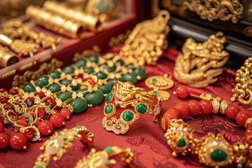 Fototapeta na wymiar Traditional Asian Jewelry Collection; Elegant Gemstone Necklaces; Vintage Gold Jewelry Assortment