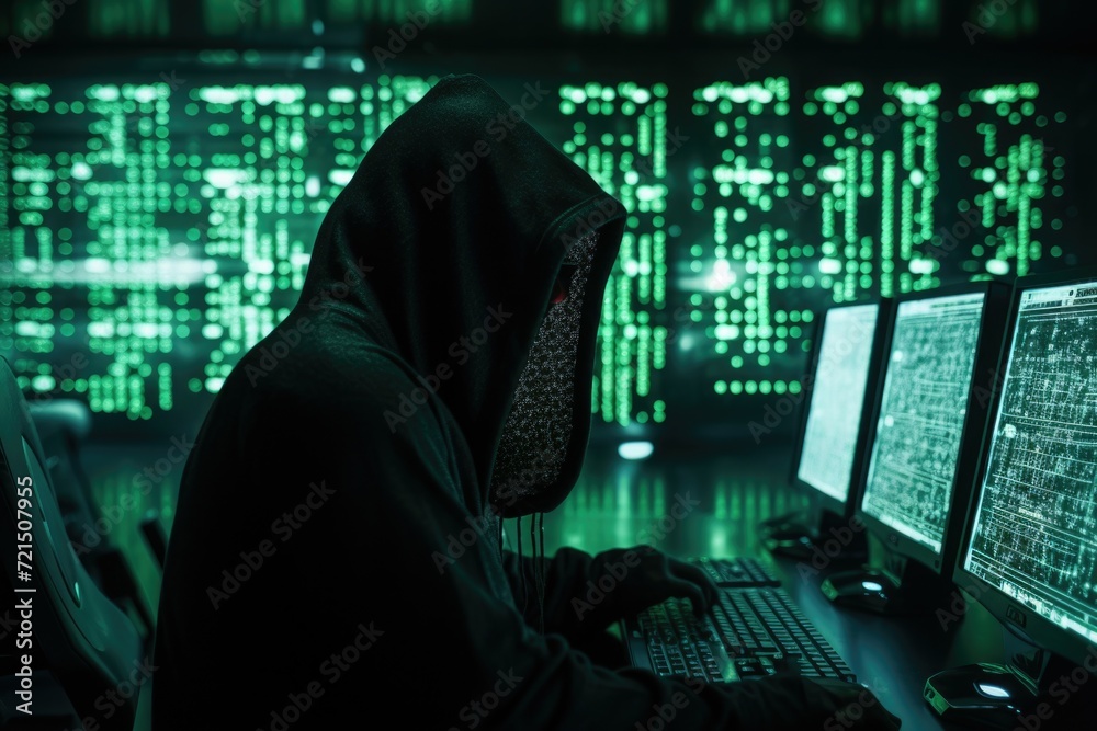 Poster a person wearing a hoodie sitting at a computer. this image can be used to depict someone working or