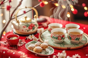 Obraz na płótnie Canvas Traditional Chinese Tea Set; Warm Tea with Pastries; Elegant Afternoon Tea Ceremony