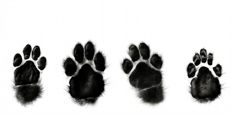 Black and white photo capturing the paw prints of a dog. Ideal for pet-related projects or to depict the presence of a dog in a specific location