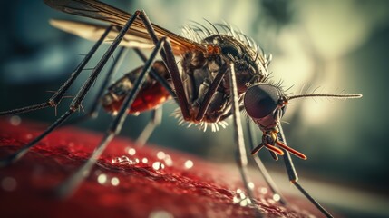 A detailed view of a mosquito on a person's arm. Ideal for illustrating the concept of insect bites and the need for protection against mosquitoes - obrazy, fototapety, plakaty