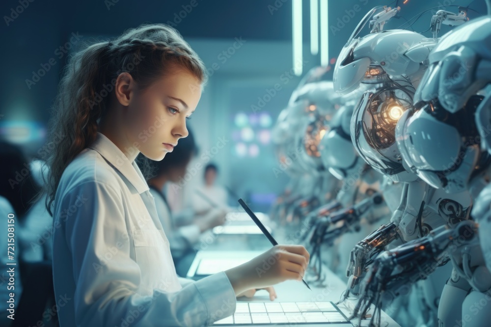 Poster a girl sits in front of a group of robots, focused on writing on a piece of paper.