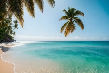 Fototapeta na wymiar A serene tropical beach panorama, showcasing the tranquil seascape and a wide, seemingly endless horizon