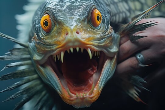 A close-up view of a fish with its mouth open. This image can be used to depict aquatic life, marine biology, or the concept of hunger in nature