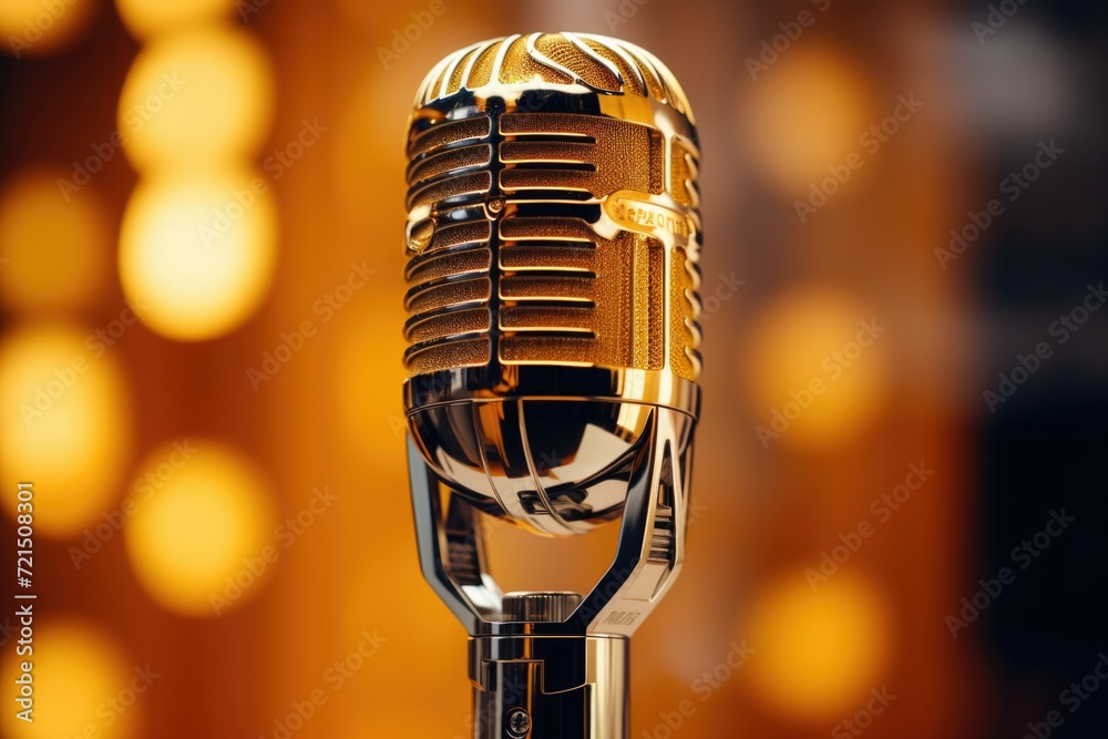 Aufkleber a close-up shot of a microphone with vibrant lights in the background. perfect for capturing the ene
