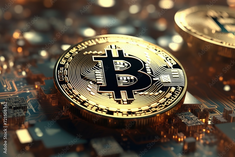 Leinwandbilder a close-up image of a bitcoin sitting on top of a circuit board. this versatile image can be used to
