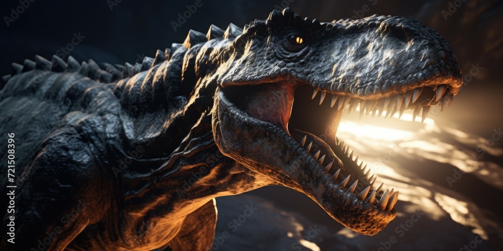 Poster A close-up view of a dinosaur with its mouth wide open. This image can be used to depict the fierce and powerful nature of dinosaurs