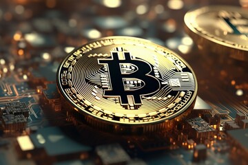 A close-up image of a bitcoin sitting on top of a circuit board. This versatile image can be used to illustrate concepts such as cryptocurrency, blockchain technology, or digital finance