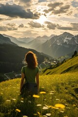 Naklejka premium A woman walking through a field of colorful flowers. Perfect for nature lovers and springtime themes